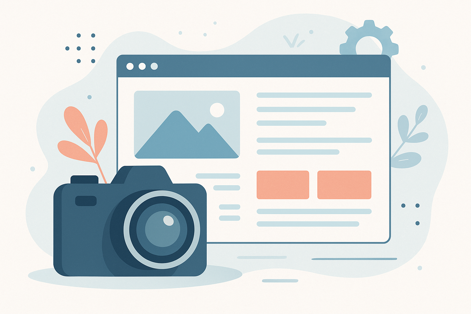 Grafisch-moderne Illustration mit einer Kamera im Vordergrund und einer Website im Hintergrund – symbolisiert den Relaunch der Fotografie-Website von Andre Wolf im hellen, freundlichen Stil.