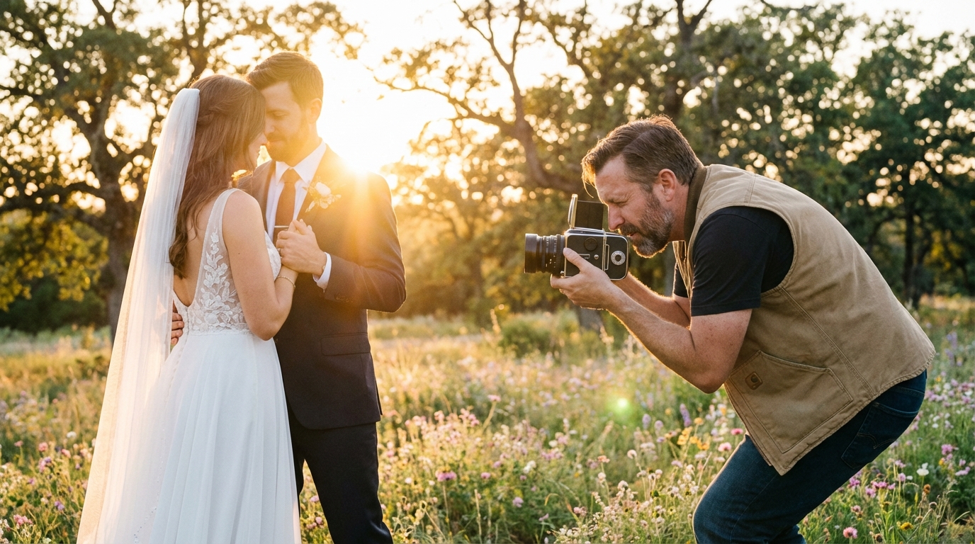 Romantisches Hochzeitsfoto-Setting: ein professioneller Fotograf fotografiert ein Brautpaar im goldenen Abendlicht